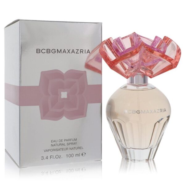 בקבוק בושם BCBGMAXAZRIA בעיצוב פרחוני עם מכסה צבעוני, מכיל 100 מ"ל של Eau de Parfum. מתאים לשימוש יומיומי ומעניק ריח מתוק ורענן.