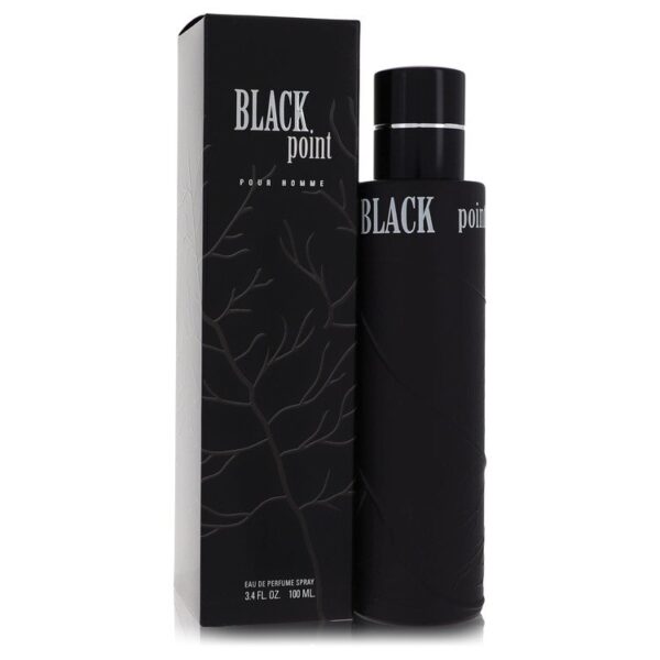 בקבוק ובית של בושם "BLACK point pour homme", 100 מ"ל, עיצוב מודרני בצבע שחור עם פרטים עדינים.