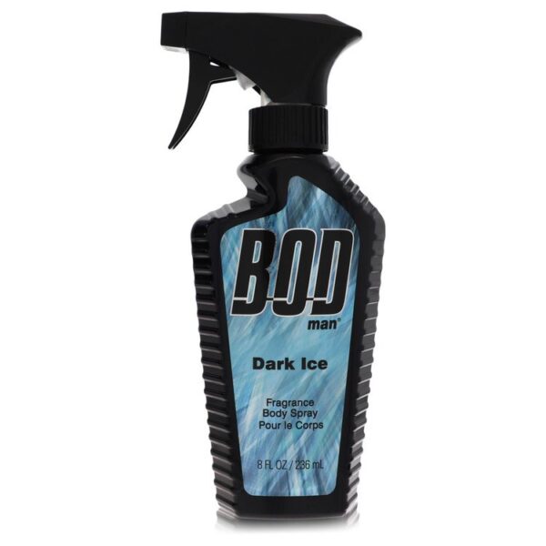 בקבוק ריסוס גוף בושם BOD man Dark Ice, מכיל 236 מ"ל, עם עיצוב מודרני וצבעים שחורים וכחולים.