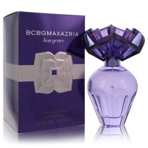 בקבוק בושם BCBGMAXAZRIA Bon Genre בעיצוב אלגנטי, מכיל 100 מ"ל של Eau de Parfum עם ניחוח מתוחכם, מוצג לצד האריזת המוצר.