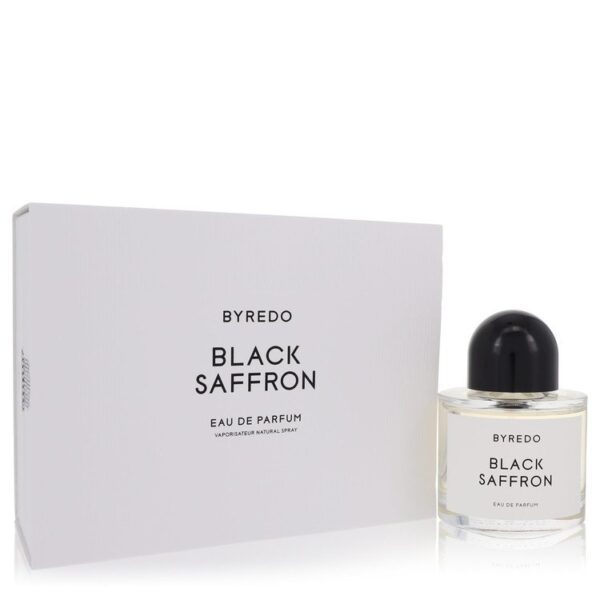בקבוק בושם "בלאק זעפרן" של BYREDO עם קופסה מעוצבת, בושם באיכות גבוהה עם ניחוח ייחודי ונעים.