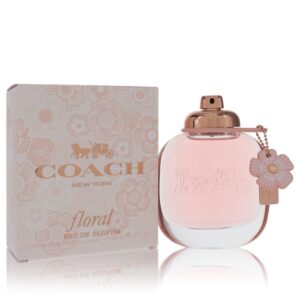 בקבוק בושם של Coach New York, סדרת Floral, עם עיצוב אלגנטי ופרחוני. הבושם מגיע בתוך קופסה מעוצבת עם דוגמאות פרחים, בנפח 90 מ"ל.