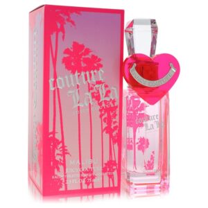 בקבוק בושם "Couture La La" של "Juicy Couture" עם עיצוב צבעוני בכחול ורוד, המשלב אלמנטים של חוף מליבו. הבושם מגיע באריזת קרטון מעוצבת עם הדפסי דקל.