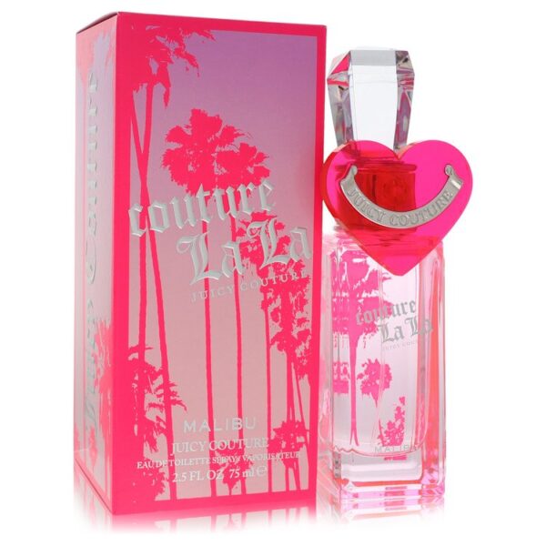בקבוק בושם "Couture La La" של "Juicy Couture" עם עיצוב צבעוני בכחול ורוד, המשלב אלמנטים של חוף מליבו. הבושם מגיע באריזת קרטון מעוצבת עם הדפסי דקל.