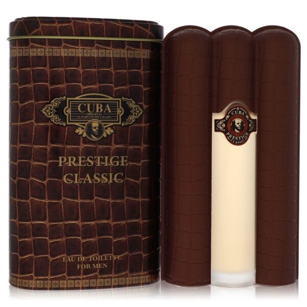 בקבוק בושם Cuba Prestige Classic לגברים, אריזת מתכת מעוצבת בסגנון עור תנין, עם תווית מפוארת.