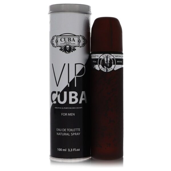 תמונת בקבוק בושם "CUBA VIP" לגברים בנפח 100 מ"ל, עם עיצוב ייחודי וצבעים כהים, מציג את המוצר באריזתו המקורית.