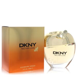 בקבוק ובית של בושם DKNY Nectar Love, עיצוב אלגנטי עם פרח קטן, בנפח 100 מ"ל.