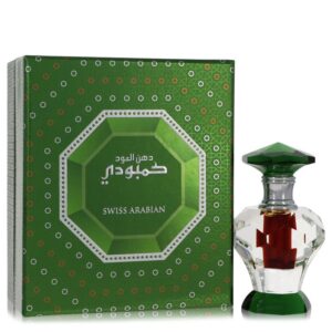 בקבוק בשמים עם עיצוב ייחודי, המיוצר על ידי Swiss Arabian, באריזת קרטון ירוקה עם דוגמאות צבעוניות.