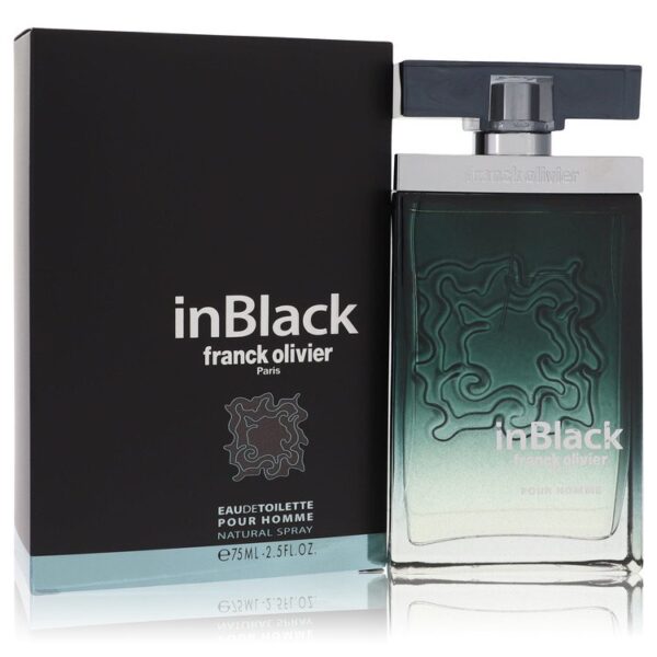 בקבוק ובושם inBlack של פרנק אוליביה, בשטח 75 מ"ל, בעיצוב מודרני עם גוונים כהים וירוקים, מיועד לגברים.