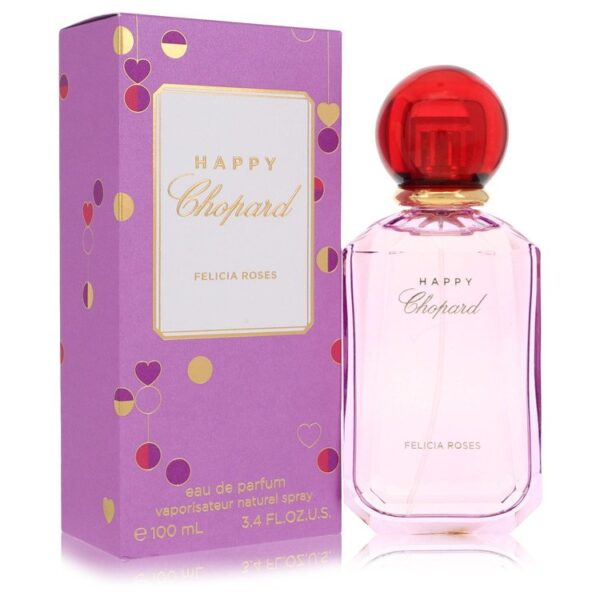 בקבוק בושם "Happy Chopard Felicia Roses" בעיצוב צבעוני עם מכסה אדום, מכיל 100 מ"ל של Eau de Parfum.