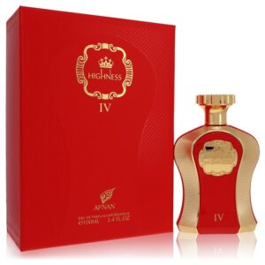 בקבוק הבושם "Highness IV" של Afnan, באריזת קרטון אדומה עם פרטים מוזהבים, מכיל 100 מ"ל של Eau de Parfum.