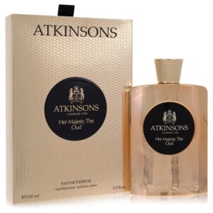 בקבוק ובושם "Her Majesty The Oud" של Atkinsons, עם אריזת קרטון מוזהבת, 100 מ"ל, ניחוח יוקרתי ואקסקלוסיבי.