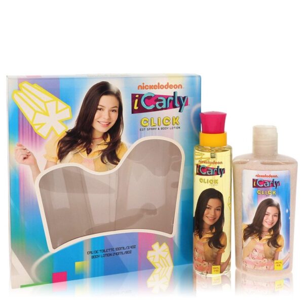 סט של מוצרי טיפוח iCarly הכולל תרסיס EDT וקרם גוף, עם עיצוב צבעוני ותמונה של הדמות המרכזית.