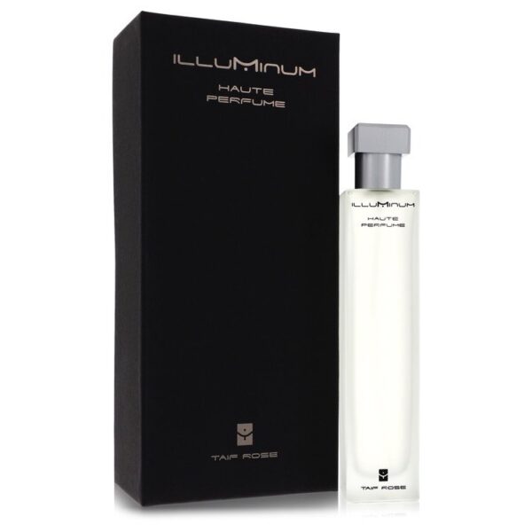 בקבוק בושם ILLUMInum Haute Perfume Taif Rose, עם עיצוב אלגנטי ושקוף, מוצג לצד קופסה שחורה.