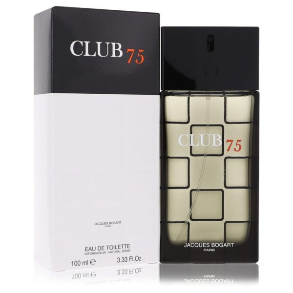 בקבוק בושם "CLUB 75" של ז'אק בוגארט, 100 מ"ל, בעיצוב מודרני עם אריזת קרטון לבן ושחור.
