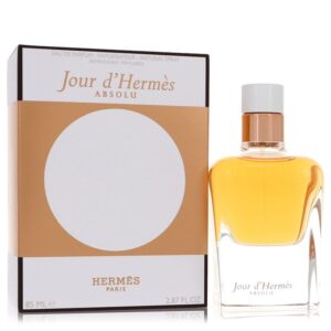 בקבוק ובית של בושם "Jour d'Hermès Absolu" של המותג הרמס, בנפח 85 מ"ל, מכיל תמציות פרחוניות עם ניחוחות עשירים ומעודנים.