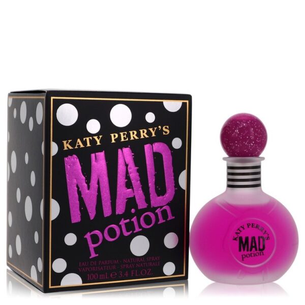 בקבוק בושם "MAD potion" של קייטי פרי, באריזת קרטון עם נקודות לבנות, מכיל 100 מ"ל של Eau de Parfum.