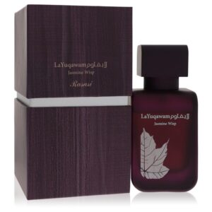 בקבוק בושם "La Yuqawam Jasmine Wisp" של המותג Rasasi, עם עיצוב אלגנטי בצבע סגול כהה, מציג על גבי הבקבוק עלה מעוטר. הבושם מציע ניחוח פרחוני ייחודי, אידיאלי לשימוש יומיומי או לאירועים מיוחדים.