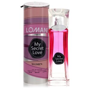 בקבוק בושם לנשים "My Secret Love" של לומאני פריז, מכיל 100 מ"ל של Eau de Parfum, עם עיצוב אלגנטי בצבעים ורודים.