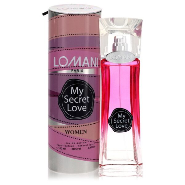 בקבוק בושם לנשים "My Secret Love" של לומאני פריז, מכיל 100 מ"ל של Eau de Parfum, עם עיצוב אלגנטי בצבעים ורודים.