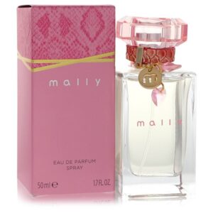 בקבוק בושם Mally עם עיצוב אלגנטי בצבע ורוד, כולל קופסה תואמת, מכיל 50 מ"ל של Eau de Parfum.