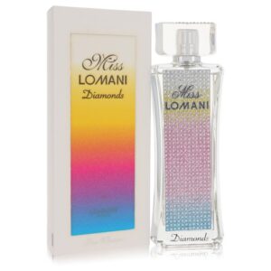 בקבוק בושם "Miss Lomani Diamonds" עם עיצוב יוקרתי וצבעים זוהרים, מונח לצד קופסה מעוצבת.