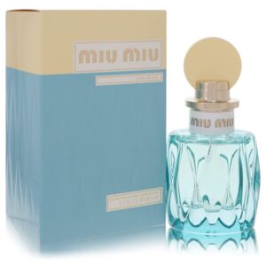 בקבוק בושם Miu Miu L'Eau Bleue עם אריזת קרטון בצבעים כחול וצהוב, בנפח 50 מ"ל.