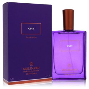 בקבוק בושם "Cuir" של Molinard בנפח 75 מ"ל, באריזת קרטון סגולה עם כיתוב זהב. הבושם מציע ריח ייחודי ואיכותי, המיוצר על ידי החברה המפורסמת מאז 1849.