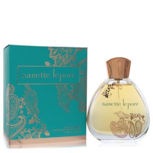 בקבוק ובושם של ננט ליפור, Eau de Parfum, 100 מ"ל, באריזת קרטון מעוצבת בצבעים טורקיז וזהב.