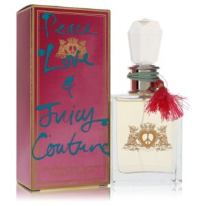 בקבוק בושם "Peace, Love & Juicy Couture" עם עיצוב צבעוני וקישוט פרחוני, מכיל 100 מ"ל של בושם איכותי.