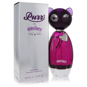 בקבוק בושם "Purrs" של קייטי פרי בצורת חתול, בגוון סגול עם אריזת קרטון כסופה, נפח 100 מ"ל.