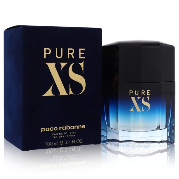 בקבוק ובית אריזת הבושם פקו ראבן PURE XS, 100 מ"ל, עם עיצוב מודרני בגווני כחול ושחור.