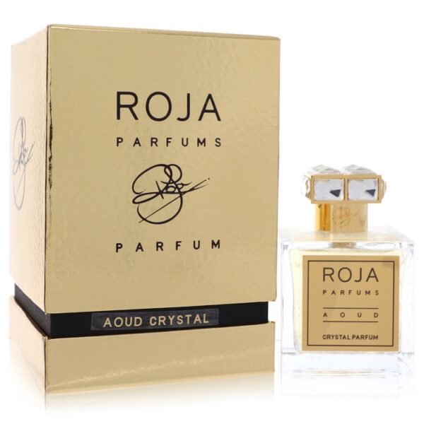 בקבוק בשמים ROJA Aoud Crystal עם אריזת קרטון מוזהבת, משדר יוקרה ואלגנטיות. הבושם מציע ניחוח עשיר ואיכותי, מתאים לשימוש יומיומי ולאירועים מיוחדים.