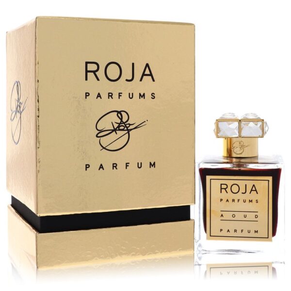 בקבוק בשמים ROJA Aoud Parfum עם אריזת קרטון מזהב, מעוצב בסגנון יוקרתי.