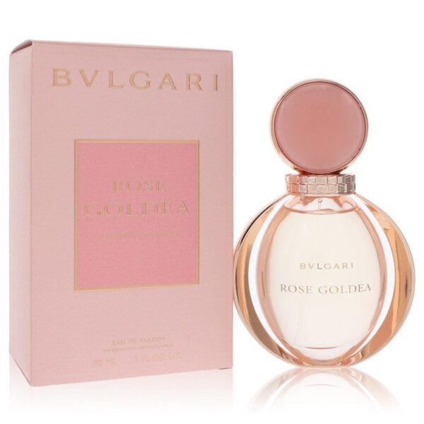 בקבוק בושם BVLGARI ROSE GOLDEA עם אריזת קרטון ורודה, מכיל 90 מ"ל של בושם לנשים.