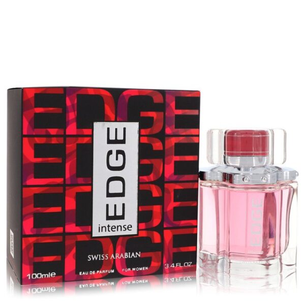 בקבוק בשמים EDGE INTENSE לנשים מבית SWISS ARABIAN, 100 מ"ל, עם עיצוב מודרני ואריזת קרטון צבעונית.
