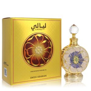 בקבוק של שמן בושם מרוכז "ליילי" של Swiss Arabian, עם עיצוב פרחוני ייחודי ואריזת זהב מבריקה.