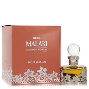 שמן בושם מרוכז ROSE MALAKI של SWISS ARABIAN, עם אריזת קרטון מעוצבת ובקבוק זכוכית יוקרתי.