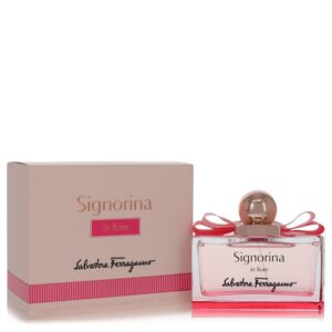 בקבוק ובית של בושם Signorina in Fiore של סלברטורה פרגאמו, כולל עיצוב אלגנטי עם סרט ורוד.