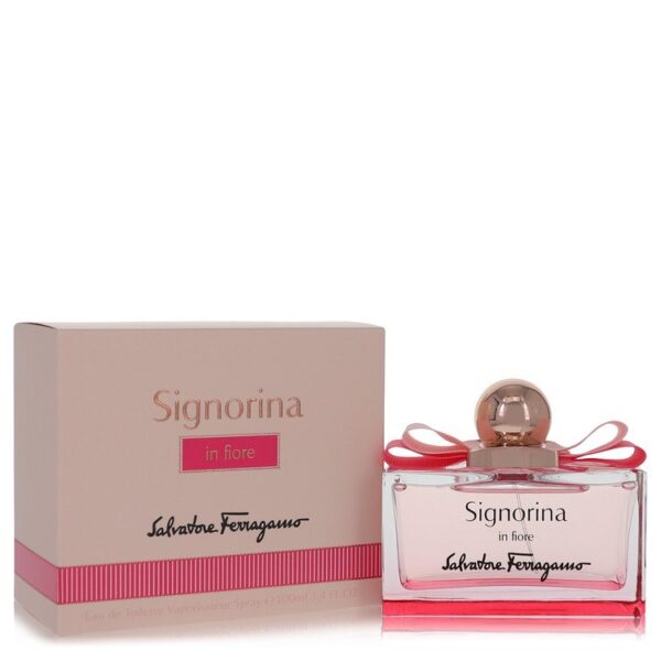 בקבוק ובית של בושם Signorina in Fiore של סלברטורה פרגאמו, כולל עיצוב אלגנטי עם סרט ורוד.