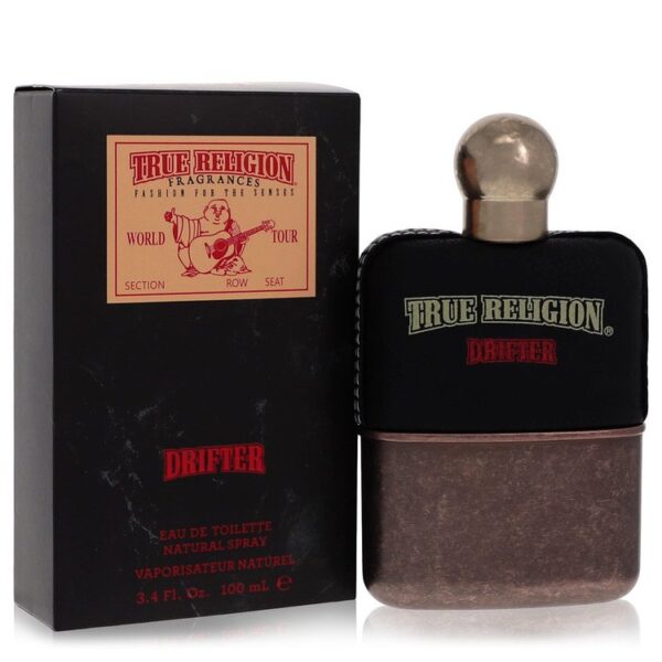 בקבוק בושם True Religion Drifter עם אריזת קרטון, 100 מ"ל, סגנון קלאסי עם עיצוב ייחודי.