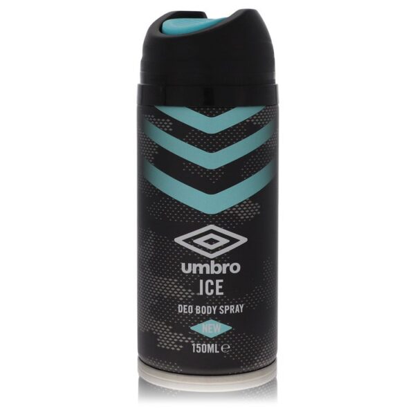 ספראי גוף דיאודורנט Umbro ICE בנפח 150 מ"ל, עיצוב מודרני עם צבעים שחורים וכחולים, מספק רעננות ובושם לאורך כל היום.