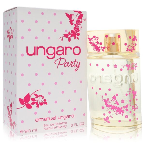 בקבוקון בושם "Ungaro Party" של אמנואל אנגארו, מכיל 90 מ"ל, עם עיצוב פרחוני וקטן על הקופסה.