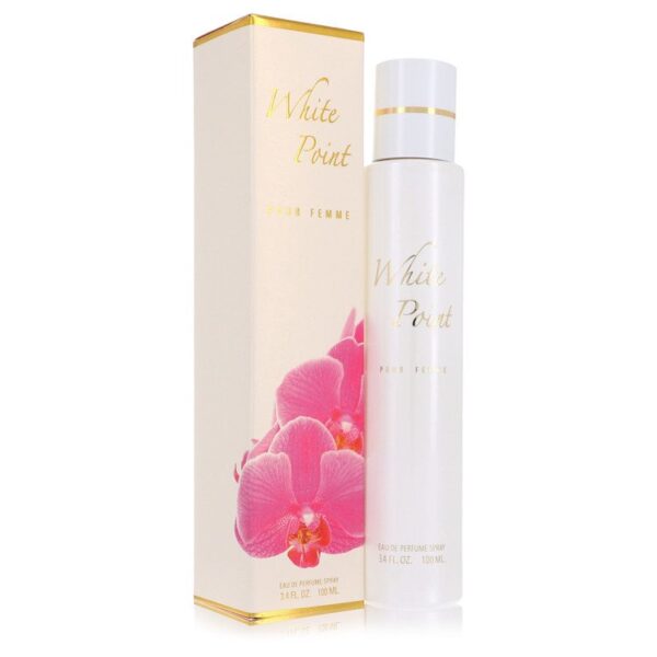 בקבוק בושם "White Point Pour Femme" עם עיצוב אלגנטי ופרח האורכידיה על הקופסה, מכיל 100 מ"ל של תמצית בושם לנשים.