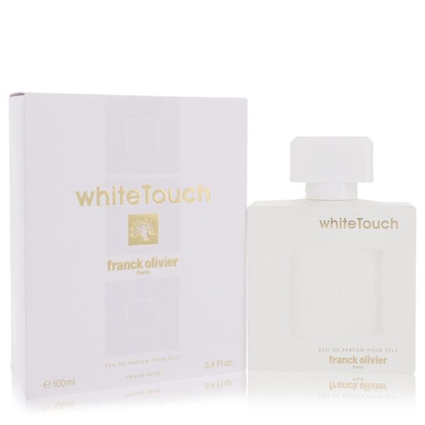 בקבוק בשמים whiteTouch של פרנק אוליביה, 100 מ"ל, בעיצוב אלגנטי עם אריזת קרטון לבנה וכתובת מוזהבת.