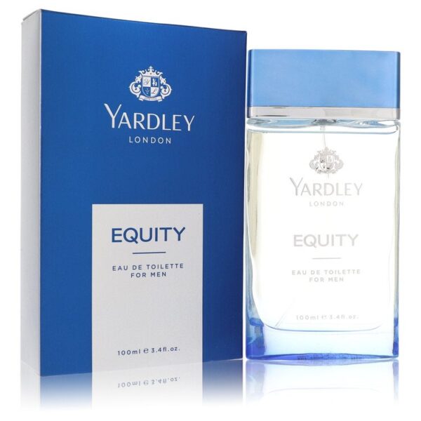 בקבוק ובושם "Equity" לגברים של Yardley London, בנפח 100 מ"ל. עיצוב מודרני עם קופסה כחולה ואלגנטית.