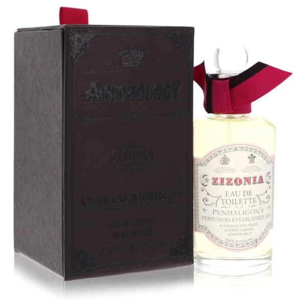 בקבוק של בושם זיזוניה מ-Penhaligon's, המוצג לצד אריזתו השחורה המעוטרת, עם פקק שקוף ורצועת סאטן אדומה.